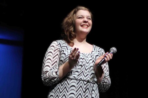 Sophomore Kelsie Lane sings ‘Sampson,’ by Regina Spektor at the fifth annual Ruby Zima Student Film and Arts Festival.  “I chose the song because I love the singer and it is my favorite song of hers,” Lane said. “I was surprised and excited to win because the singing competition is tough.”