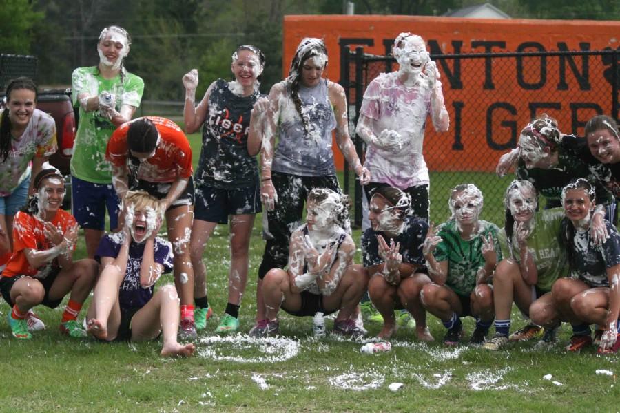 Letting+loose+and+having+some+fun%2C+the+Girls+JV+soccer+team+caught+the+Girls+Varsity+soccer+team+by+surprise+by+attacking+them+with+water+balloons+and+shaving+cream.