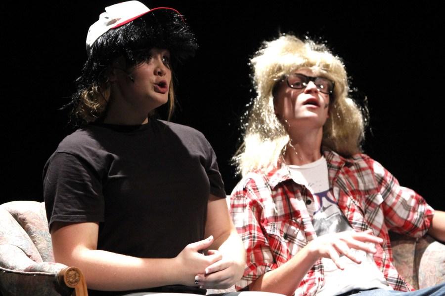 Taking the stage, junior John Galvin and senior Rachel Siekierski perform a Waynes World skit during the Fenton Talent Show. There was an audition process to be MC that I went through and I made it, Galvin said. I had a blast, everything went really well.