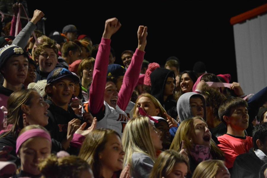 The student section dressed in pink, began to cheer when the varsity football team was given another chance in overtime. Everyone was getting excited at the beginning of overtime, sophomore Brandon Bossenburger said. This was one of the best Fenton football games I have been to.