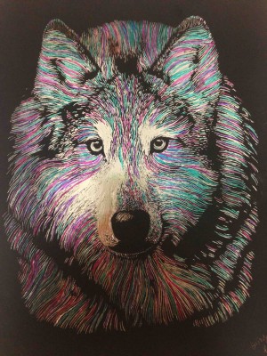 This a scratchboard with highlights of colorful sharpie. This is one of my best pieces, and I enjoyed doing it a lot. - senior Emily Kinser