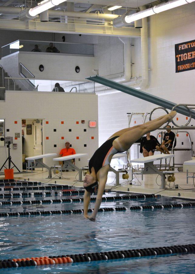 Completing the back 1/2 tuck dive, Junior Taylor Shegos, along with 5 other divers competed against Powers Catholic High School last Thursday. Taylor completed her six dives finishing with a total score of 247.55 points helping with Fentons win against Powers.