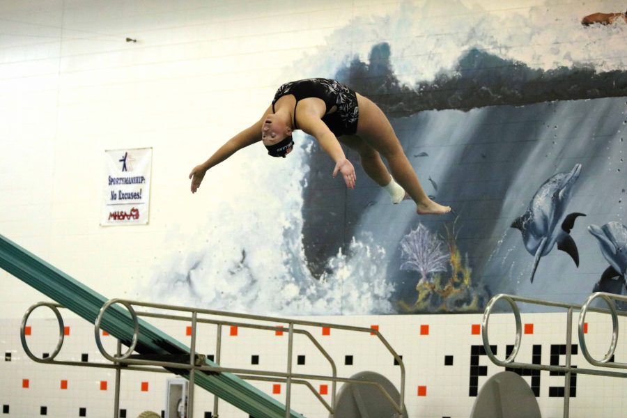 After lifting off of the dive board, freshman Chloe Mallard prepares in flight to accomplish her back dive when versing Powers Catholic High school.  After completing her dive Mallard lands gracefully in the water and surfaces to await her score from the judges.