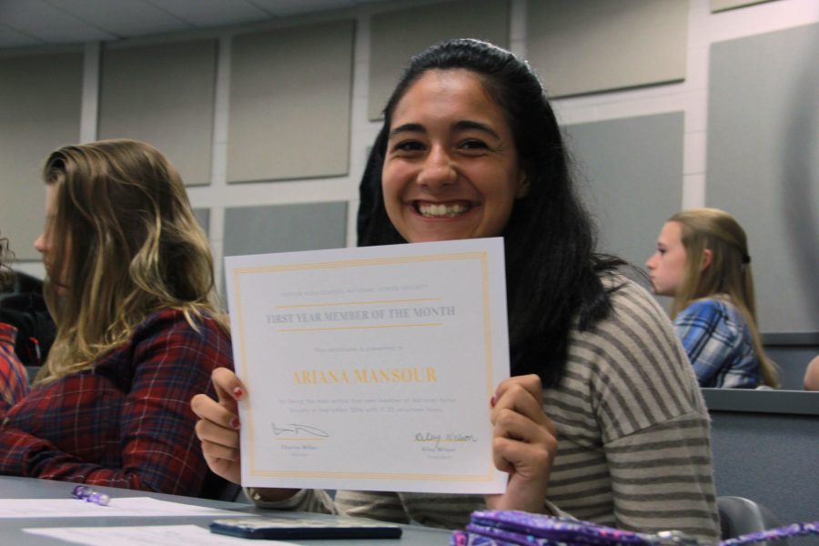 The National Honor Society has rewarded junior Ariana Mansour for having the most volunteer hours this month for a new member. 