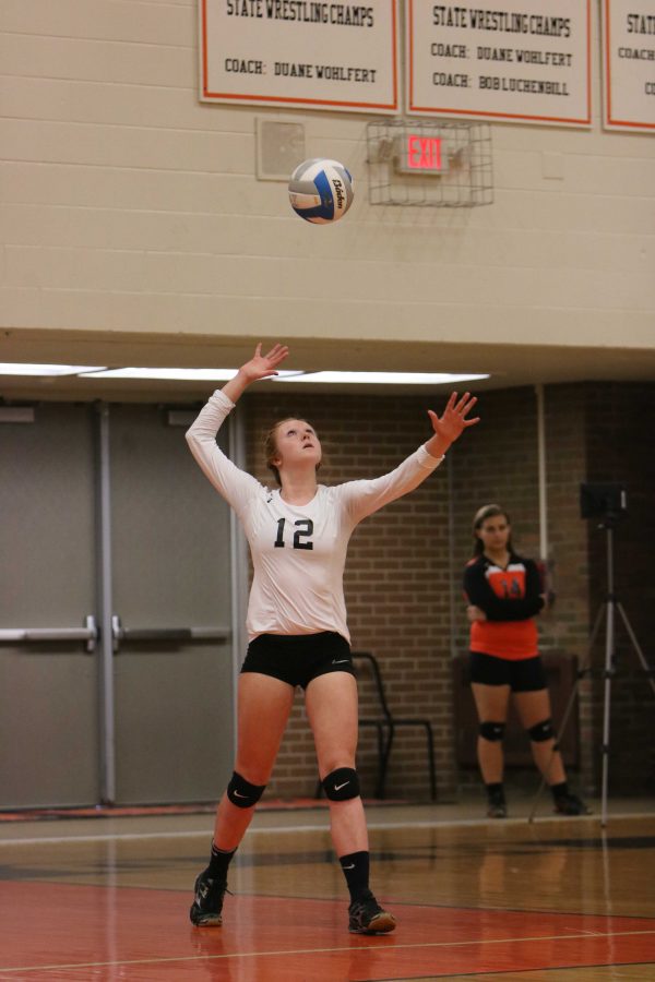 Junior Macyn Stevens serves during the first volleyball match between Fenton and Brandon on September 14th, 2016.