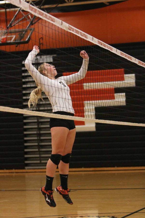 Sophomore Chloe Idoni prepares for a spike during the Fenton Vs. Brandon game.  The final score was 2-0. 