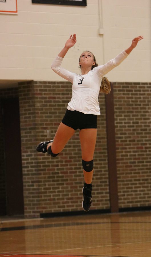Senior Jessica Warford leaps to great heights while preparing to spike the ball in the Fenton Vs. Brandon game.