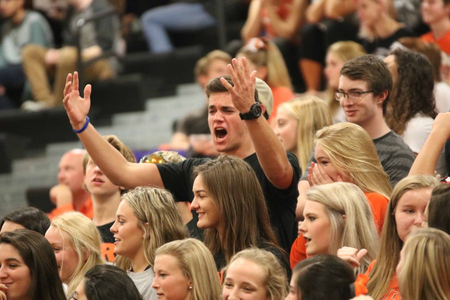 V-I-C-T-O-R-Y for the juniors, but not so much for the sophomores. After receiving the results of the pep assembly, sophomore Jared Ryan throws his hands up in defeat and clearly outraged of the outcome.