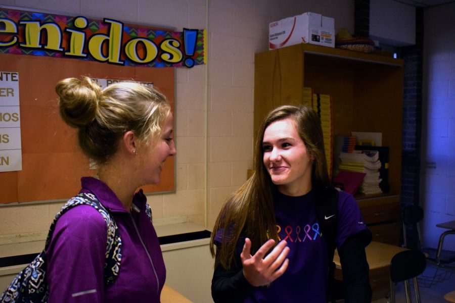 Sophomores Sara Eisenbeis and Makayla Murphy show excitement to help spread awareness about pancreatic cancer by wearing purple just like many other student at Fenton High School.
