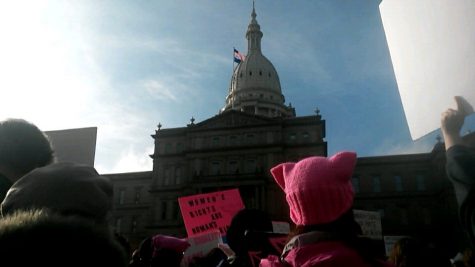 Womens March on Washington, Lansings Sister March: Neon pink sign reads, Womens Rights are Human Rights to display a protesters concerns about the anticipated legislative changes in the government under President Donald Trumps rule. 