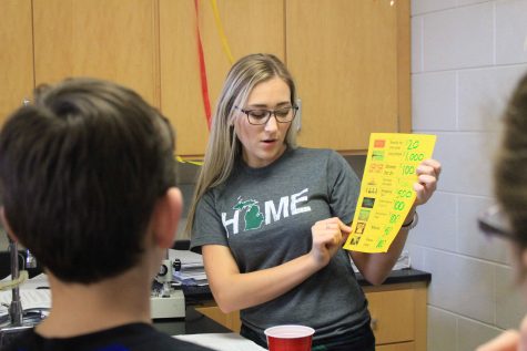 Presenting in front of AGS sixth graders senior Hailey Bates explains the purpose of this educational game. The Mentor Training program helps educate younger kids on the dangers of doing drugs and alcohol. 