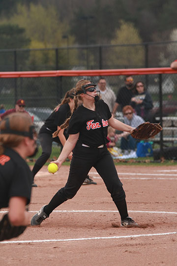 Sophomore Angela Hanners pitches one half of the double header against Davison. On April 19th, While pitching, Angela struck out six players and allowed only five runs for the other team.  