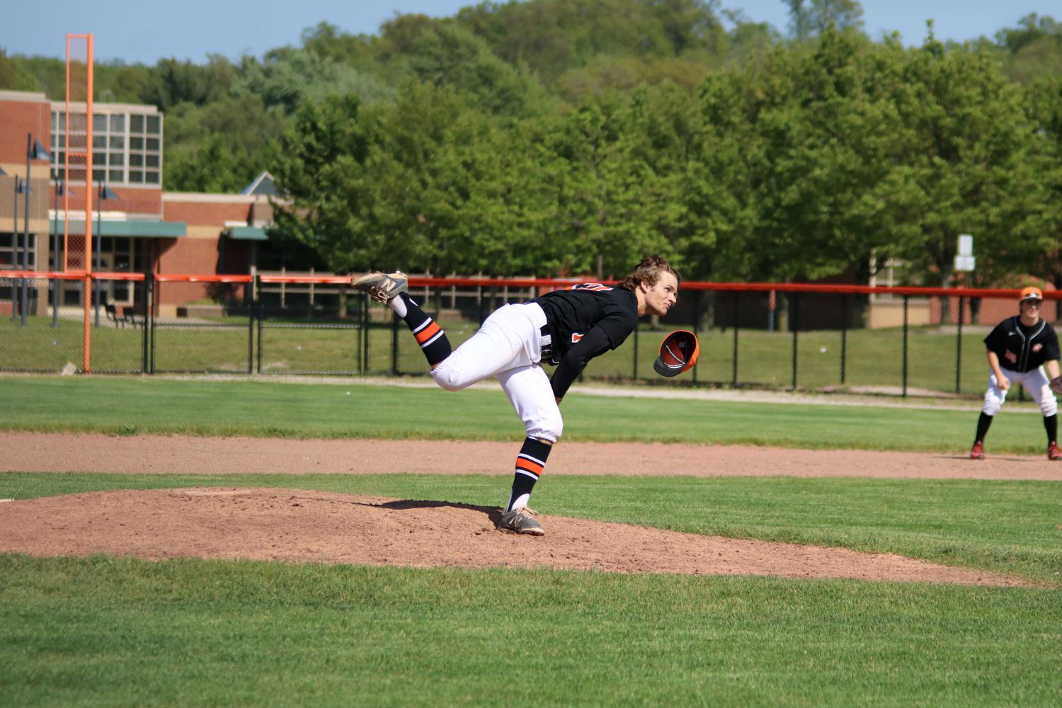Sophomore, Logan Welch throwing a hard pitch against Linden. The JV team won both games against Linden with Welch pitching the first game. 