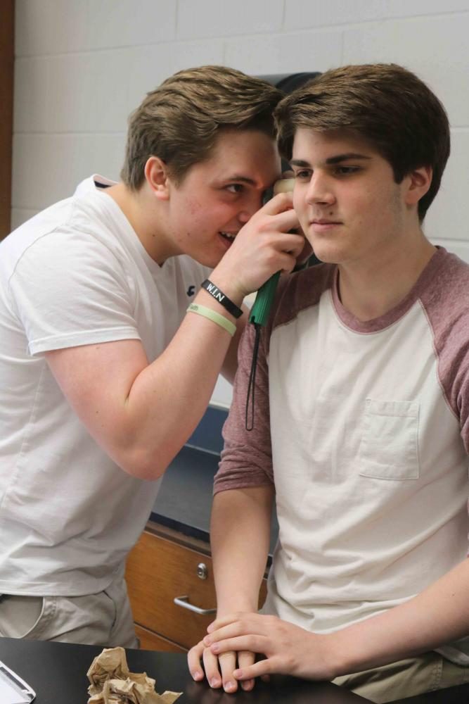 Participating in the anatomy lab, junior Devin Long uses an otoscope to look in the ear of his partner for the lab. The lab was to test how hearing and balance correlate to one another. 
