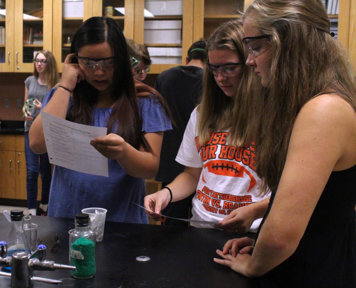 On September 27th, sophomore Lilian Huynh and juniors Maddie Hayden and Madi Wheeler work on a chemistry lab in Mr. Kasaks room. The students worked together to complete their labs successfully.