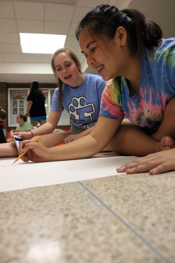 The Fenton Cheerleaders stay after school to practice then go decorate the hallways for Homecoming. Sophomores Josie Rollier and Lillian Harris working on the theme Donkey Kong for Sophomores. 