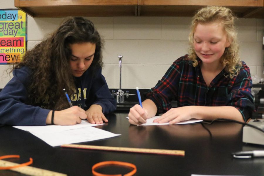 Sophomores Sarah Lowell and Regina Pauly work on their egg lab in biology. The students are testing eggs and comparing them to cell membranes.