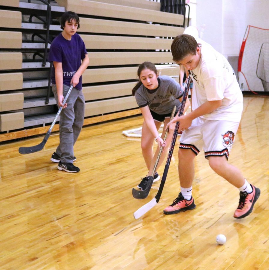 Freshmen Olivia Herbert and Gannon Welch attempt to gain control of the ball during a floor hockey match. On Jan. 10, students stayed active in gym class by participating in floor hockey, keeping the competition fun. 