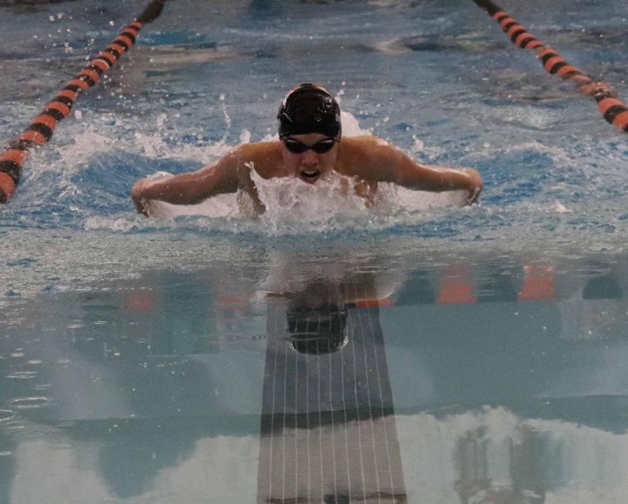 With a determined mind, sophomore Joel Diccion swims the 200 yards butterfly. The Fenton Boys Swim Team competed against five other schools on Jan. 20 and came in 2nd place. 