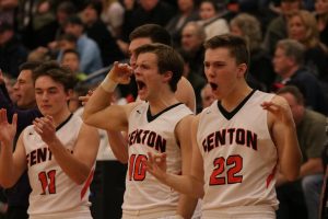 Following a play, junior Logan Welch and senior Edward Farrell show much emotion. The Varsity boys team played against Linden. The game resulted in a win for the Tigers with a final score of 36 - 35.