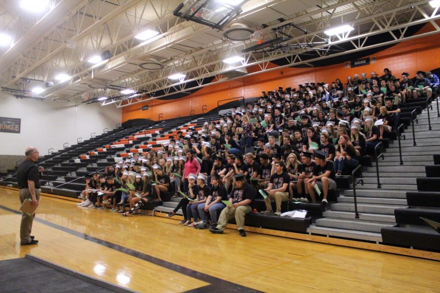 Principal Mark Suchowski gives a speech to the senior class on June 6. The senior class attended a meeting to prepare for graduation and the Honor Assembly.