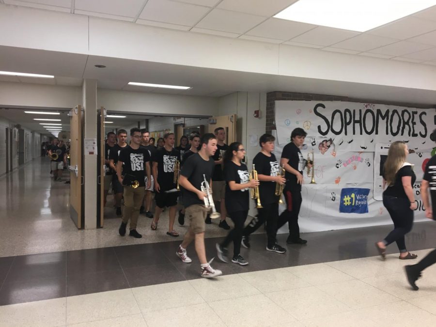 Members of the marching band lead the homecoming assembly. The tigers will face the Clio mustangs tonight at the homecoming game.