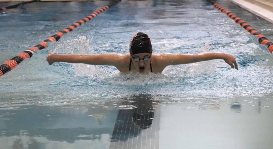 Swimming the 100 yard butterfly freshman Rosie Haney landed in second place against Kearsley. Overall, the Fenton girls swim team beat Kearsley 200-120.