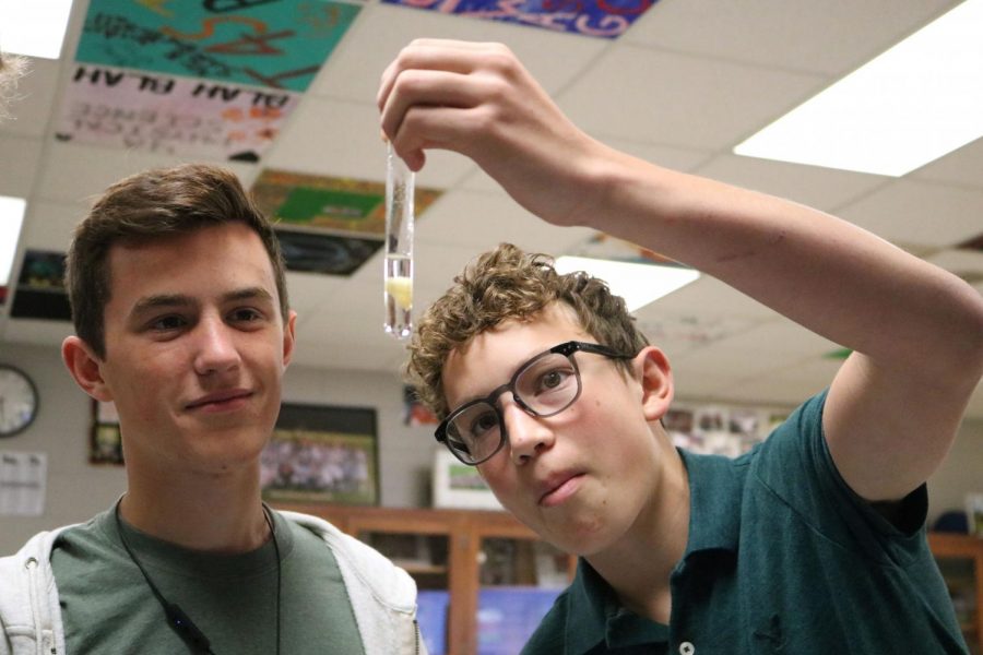 As+they+observe+the+reaction+of+a+potato+in+hydrogen+peroxide%2C+sophomores+Ryder+Spees+and+Nur+Cashmere+complete+a+lab+on+Sept.+28.+Students+in+Matthew+Sullivans+first+hour+participated+in+a+biology+lab+for+the+new+unit.+