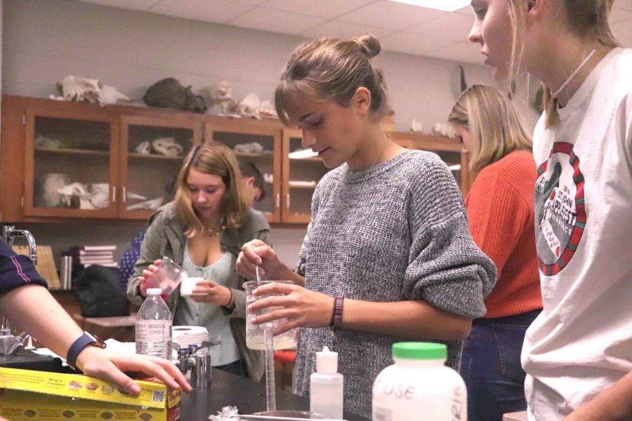 As chemicals are mixed into a solution, junior Avery Logan tries to create a mixture that will form a jello when cooled. The anatomy students participated in this experiment to test the rate of consumption of the jello.