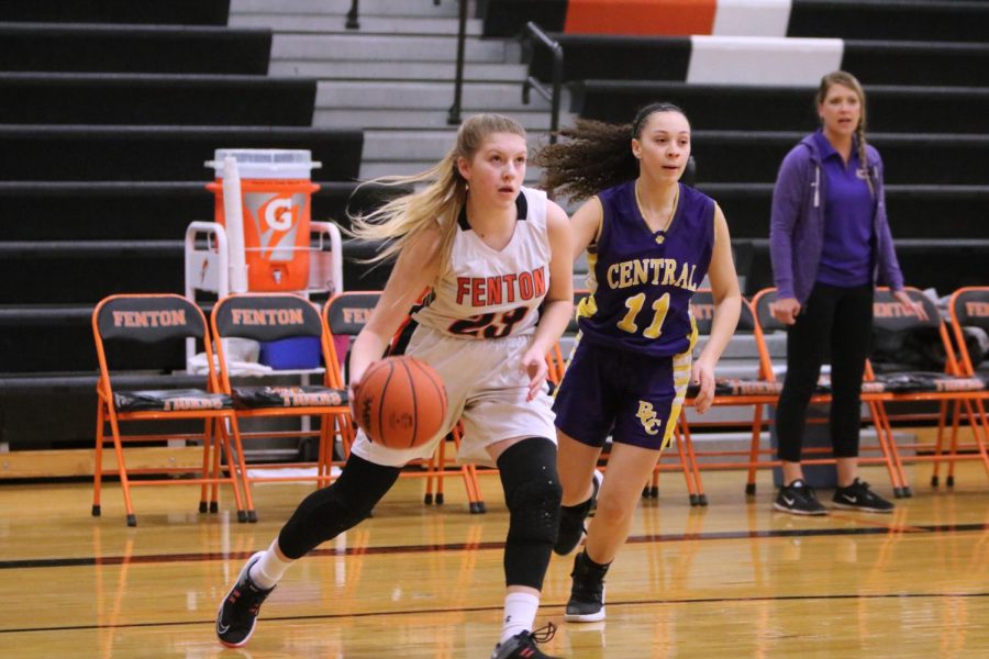 Freshman Alexandra Brown prepares to score a point for her team. On Feb. 19 the freshman girls basketball team played Bay City Central at home. 