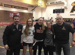 Posing for a photo (from left) assistant coach Dominic Adams, sophomore Ella Turnblom, senior Chloe Wagner, sophomore Kendra Ryan and coach Brad Beverly at the state championship.