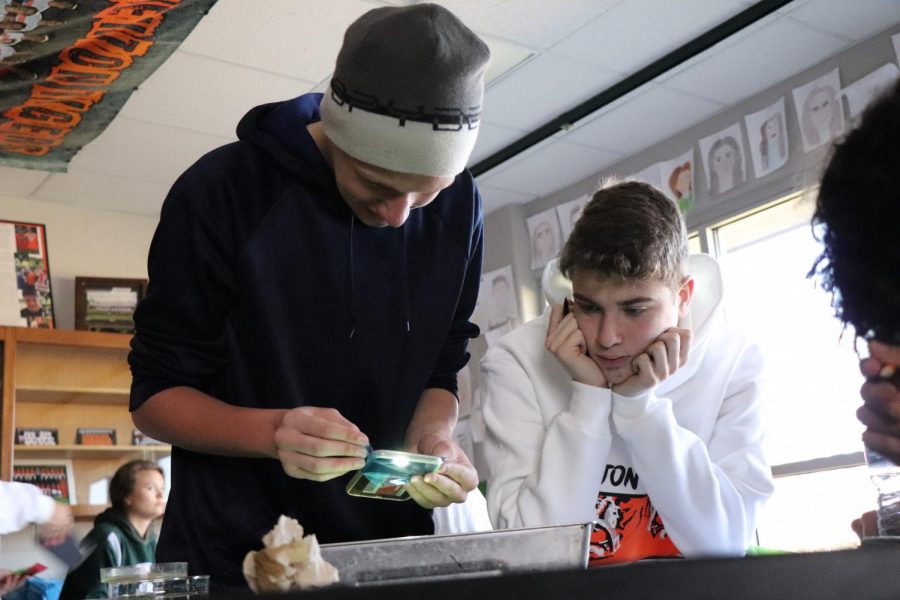 During a Biology lab, sophomores Ashton Mckellar and Gavin Crews test how their worm reacts to light.  Biology classes experimented with how worms interacted with each other. 