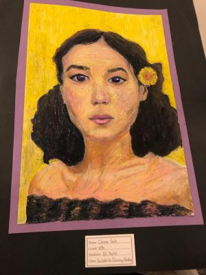 Sophomore year I had a project where we got to do whatever we wanted. I saw a picture of this girl and I wanted to try drawing a portrait using oil pastel because I had never really done that before. I’m glad I did that because I realized I really liked oil pastel.