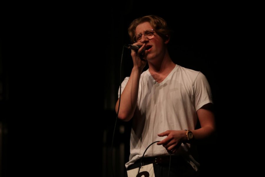 During the talent portion of Mr./Ms. Fenton, senior Joe Bujak performs by singing. On May 3, students entered the show in hopes to win the title Mr. or Ms. Fenton.