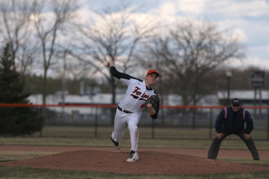 While on the mound sophomore Brendan Alvord pitches the ball. The varsity baseball team’s next game is on May 9 against Holly.
