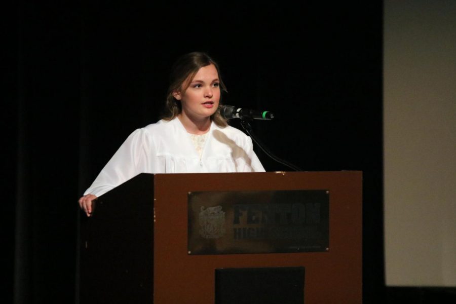 Standing in front of parents and peers, senior Sabrina Hall gives a speech. On May 30, the Baccalaureate ceremony was held for seniors interested in including religion into their journeys beyond of high school.