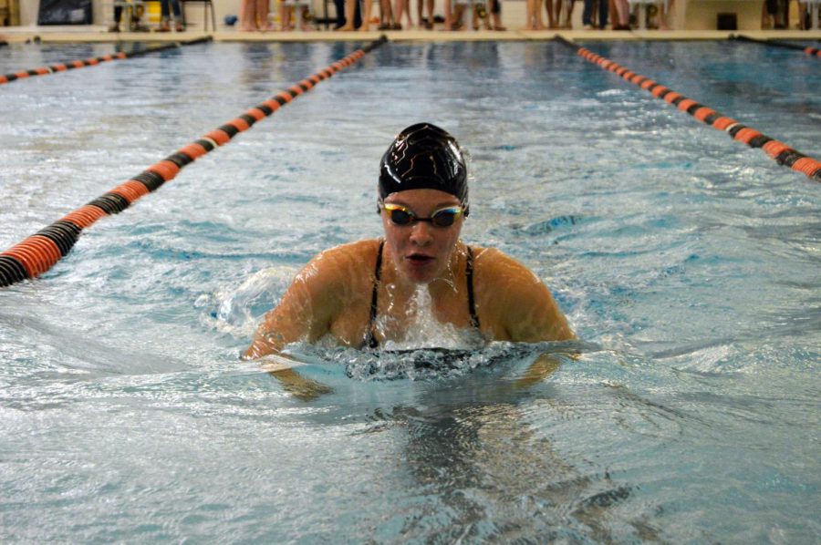 During the 200-yard medley relay, swimmer Libby Maier swims the butterfly. Fentons swim and dive team lost to Dexter with a score of 74-112, on Sept. 17. 