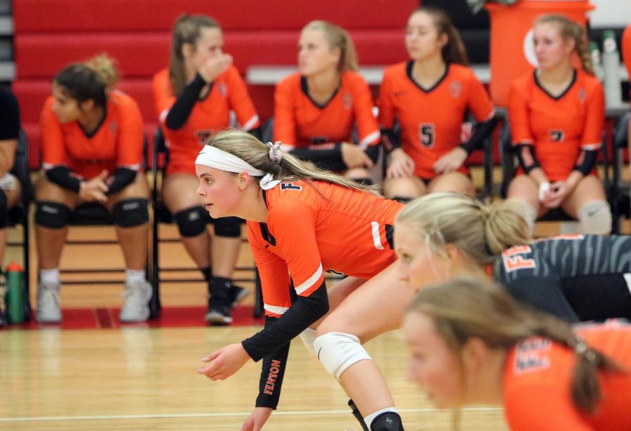 Anna Weigle gets ready for an incoming serve. Fenton played an away game against Linden on september 18. 