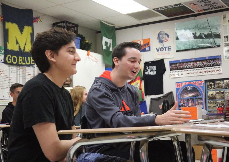On Oct. 4, juniors Joey Pierce and Ahmad Khan debate in Mr. Lawrences Fish Bowl activity. The topic of this weeks Fish Bowl was, should prisoners be punished or rehabilitated? Joey and Ahmad debated for they should be punished. They brought up good points and won the debate for their team.  