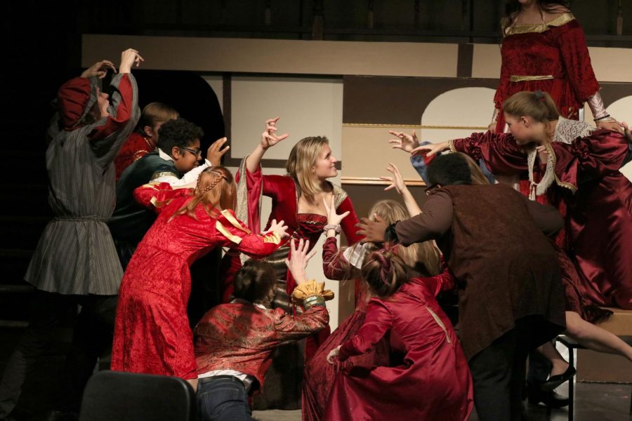 While performing in the school play Much Ado About Mean Girls, senior Sheehan Personett acts like a wild animal alongside other students. The play was in the black box and there was four shows from Nov, 7-9.