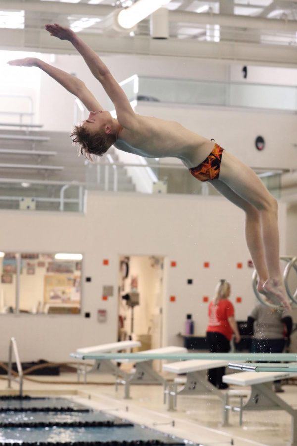At swim practice on Feb. 20, sophomore Justin Miller dives backwards off the diving board. The boys next swim and dive meet is on Feb. 27 at FHS.