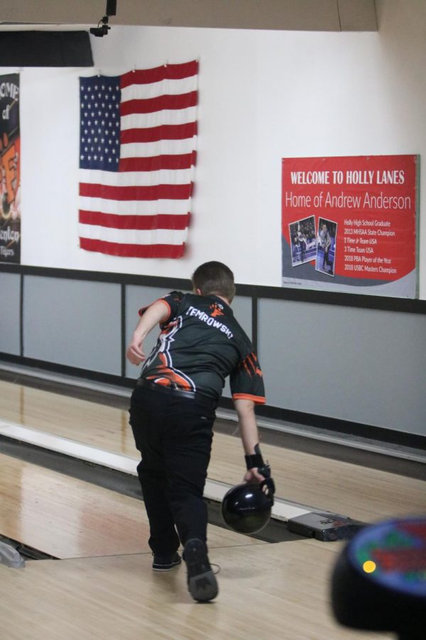 Junior Tate Temrowski bowls his frame. The Tigers had a match on Feb 15 at Holly Lanes. 