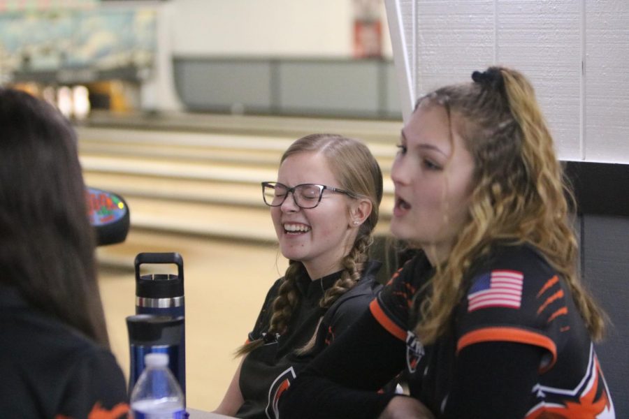 Junior Aubrey Lynch laughs with her teammates. On Feb 15 the Fenton bowling team had a match at Holly Lanes. 