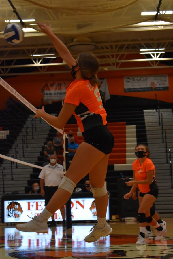 Freshman Marissa Frazier goes in for the kill. The Tigers beat the Linden Eagles 25-16 on Sept. 23. 