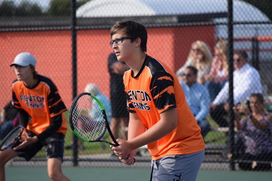 Sophomores Tate Webb and Trey Hajec get ready to receive the serve from the opposing Flushing doubles team at the FHS tennis courts. Fenton lost this match 1-7 on Sept. 22. 
