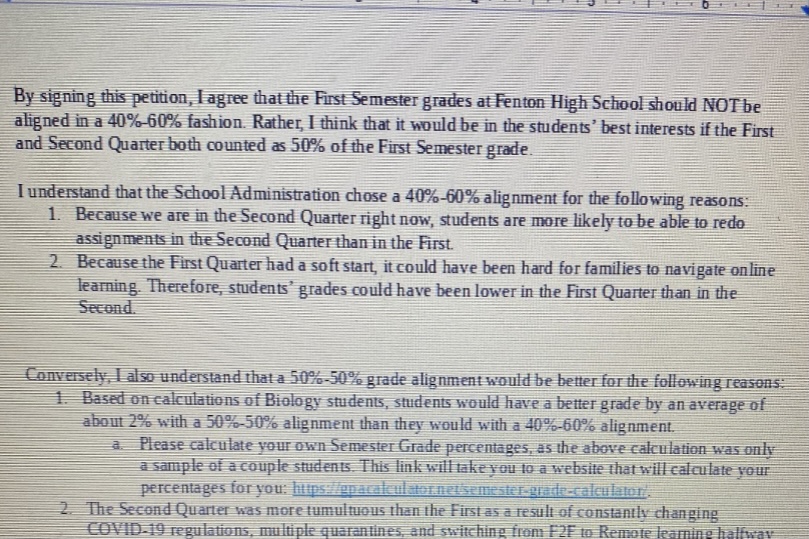 FHS student petition to change first semester grading scale
