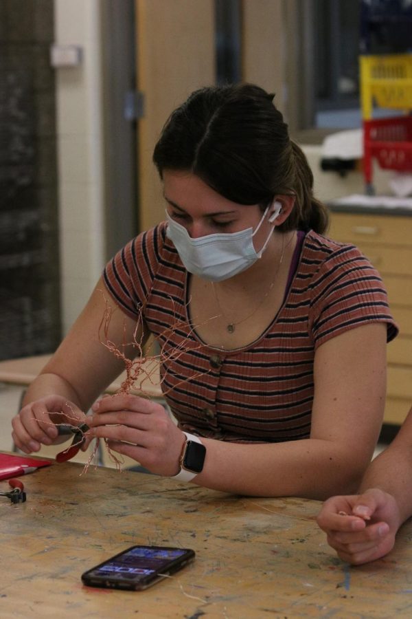 Sophomore Maddie Burnau works on her wire sculpture during her second hour art class in the Fenton High School art room on March 23rd, 2021. 