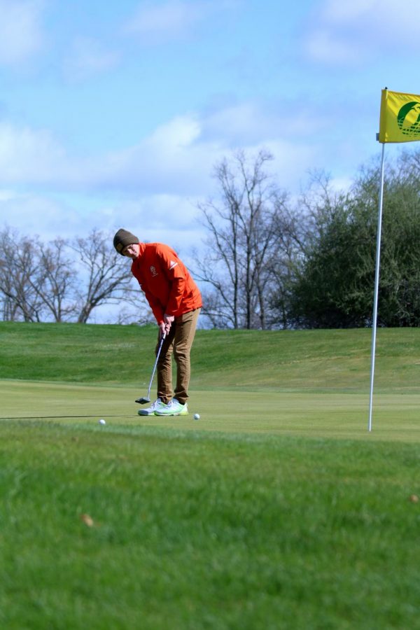 Senior Andrew Hutchins watches his putt on the green. On April 21, the boys varsity golf team competed in a tournament at the Coyote Preserve. 