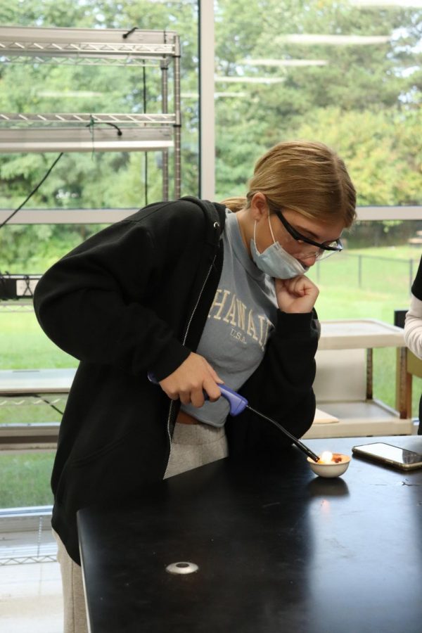 Holding a lighter to a Cheeto, sophomore Evelyn Hall watches it catch fire. In biology teacher Christa Shulterss class, students learned about how different types of fat burn. 