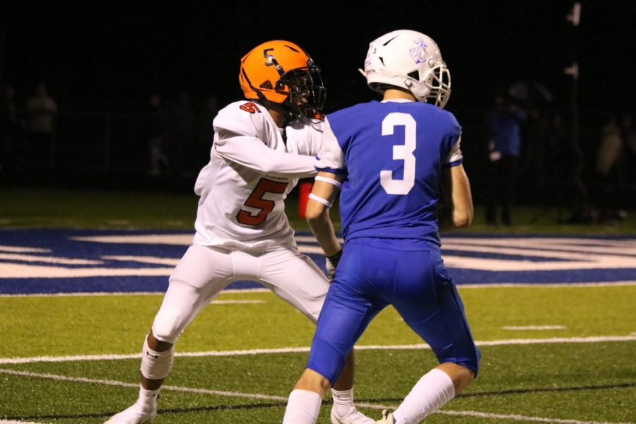 Senior Donovan Miller protects the end zone during the pass play. Fenton played away at Lake Fenton high school on Oct. 15, and lost the game 6-42. 